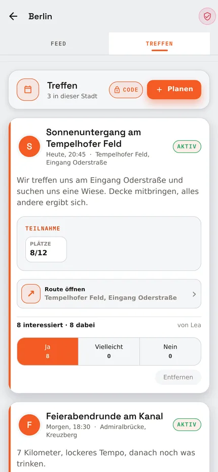 Übersicht geplanter Treffen mit Ort und Uhrzeit