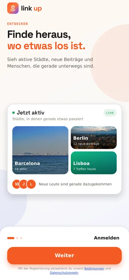 Startbildschirm mit aktiven Städten